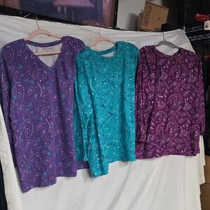 3 Woman Within Paisley Long Sleeve Tops - Purple, Teal, Burgundy 2X